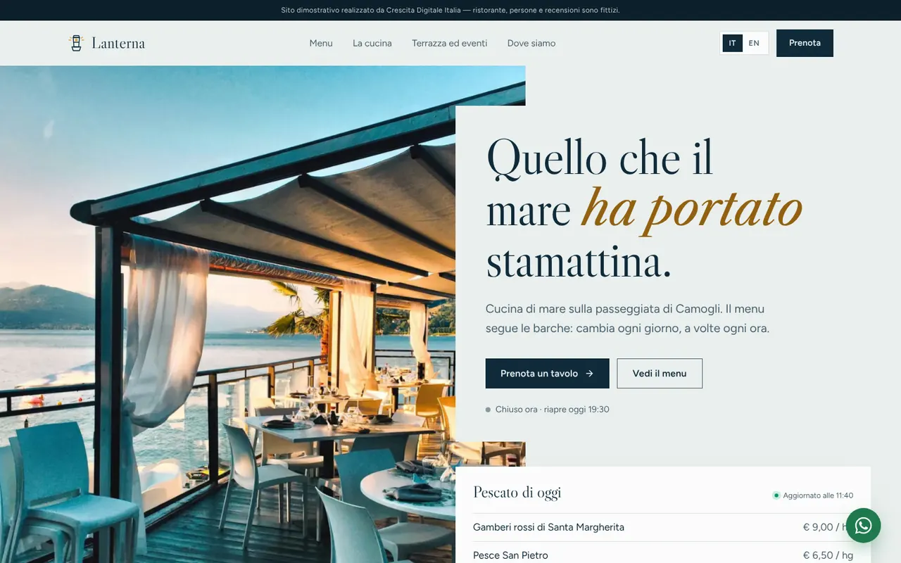 Lanterna restaurant home page on desktop