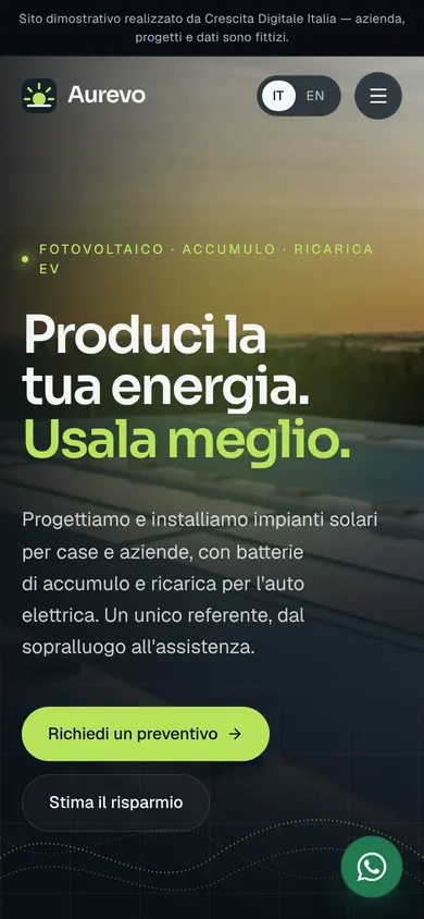 Aurevo Energia home page on a smartphone